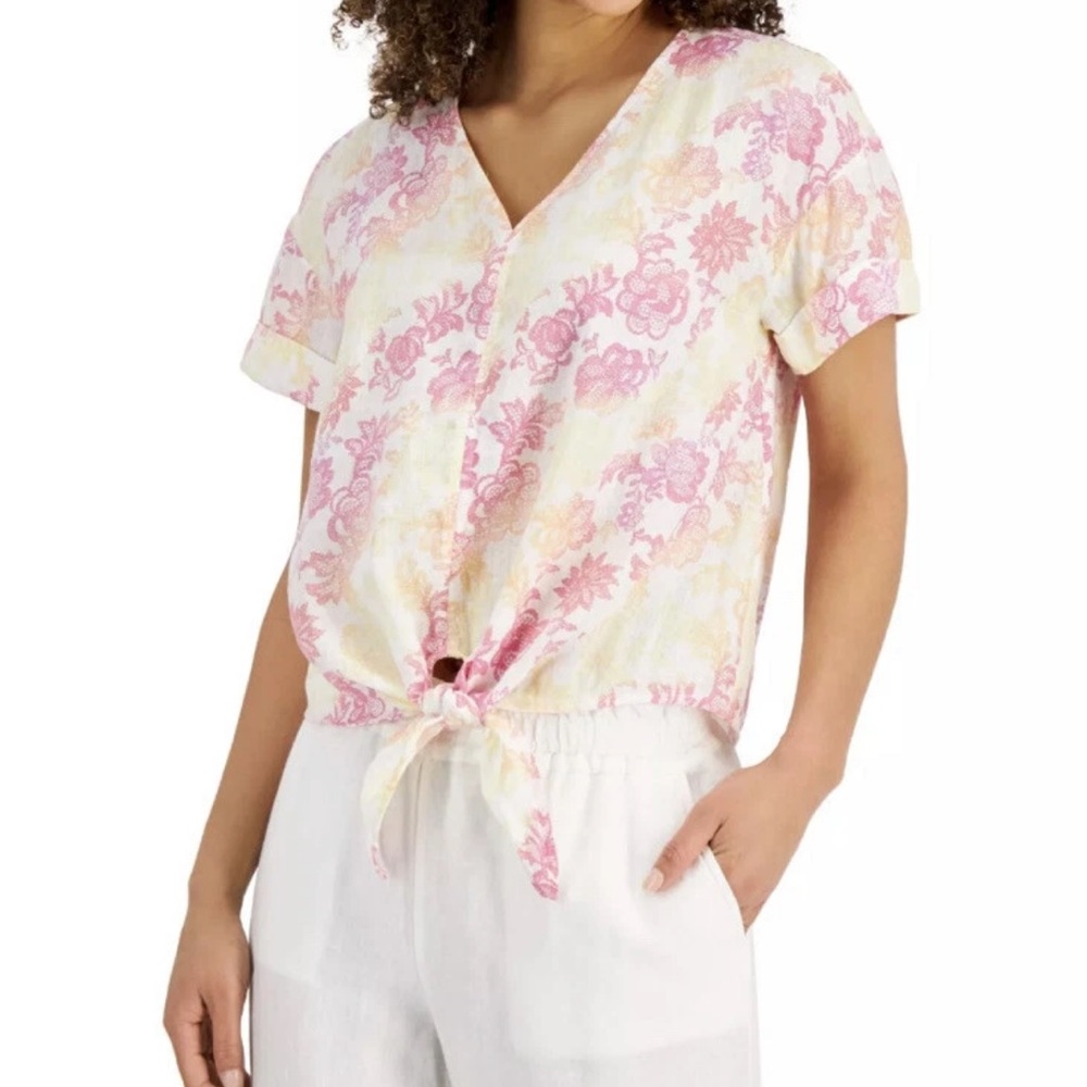 Charter Club luxury 100% Linen Colorful Floral-Print Tie-Front Top Women’s Sz XL